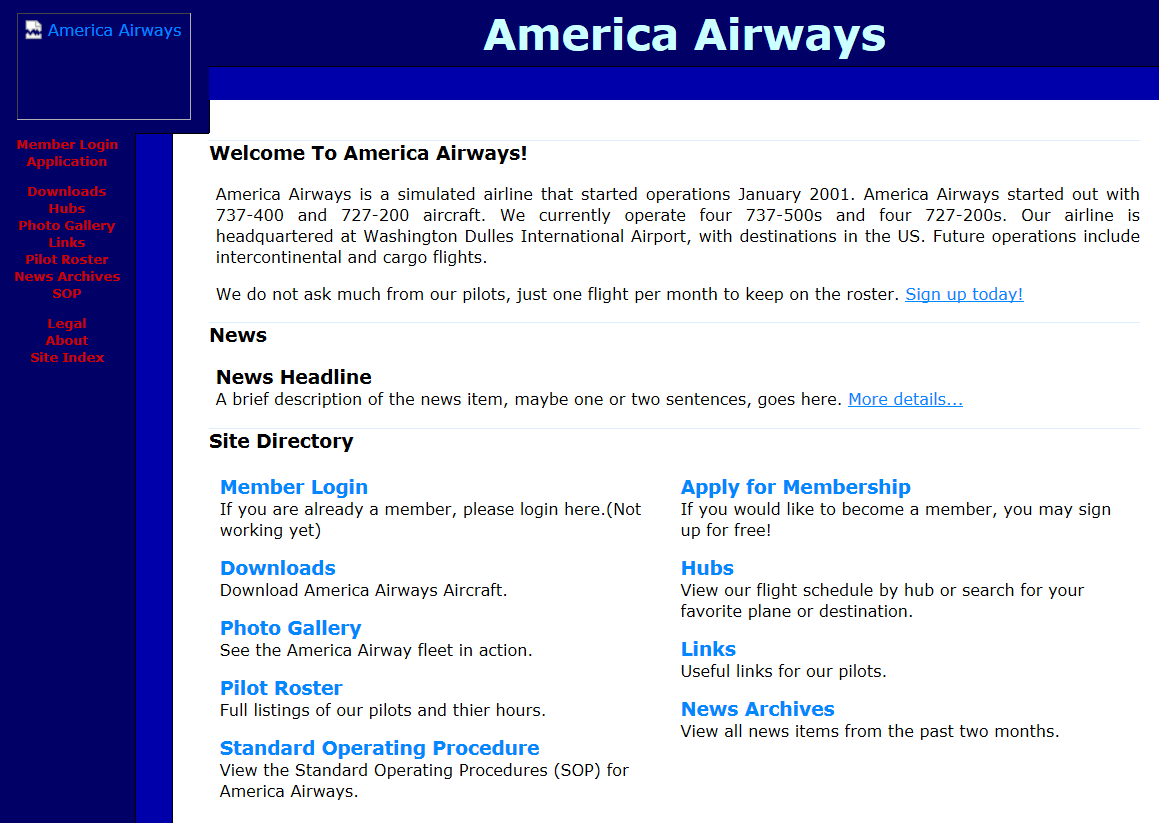 Home page of America Airways, a virtual flight simulator airline.