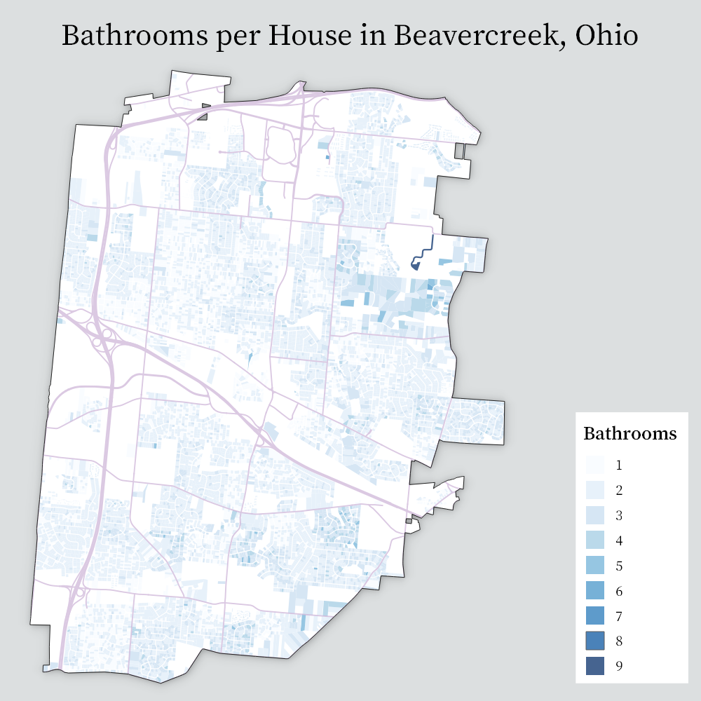 A residential property map of Beavercreek, Ohio, color coded by the number of bathrooms each property has.