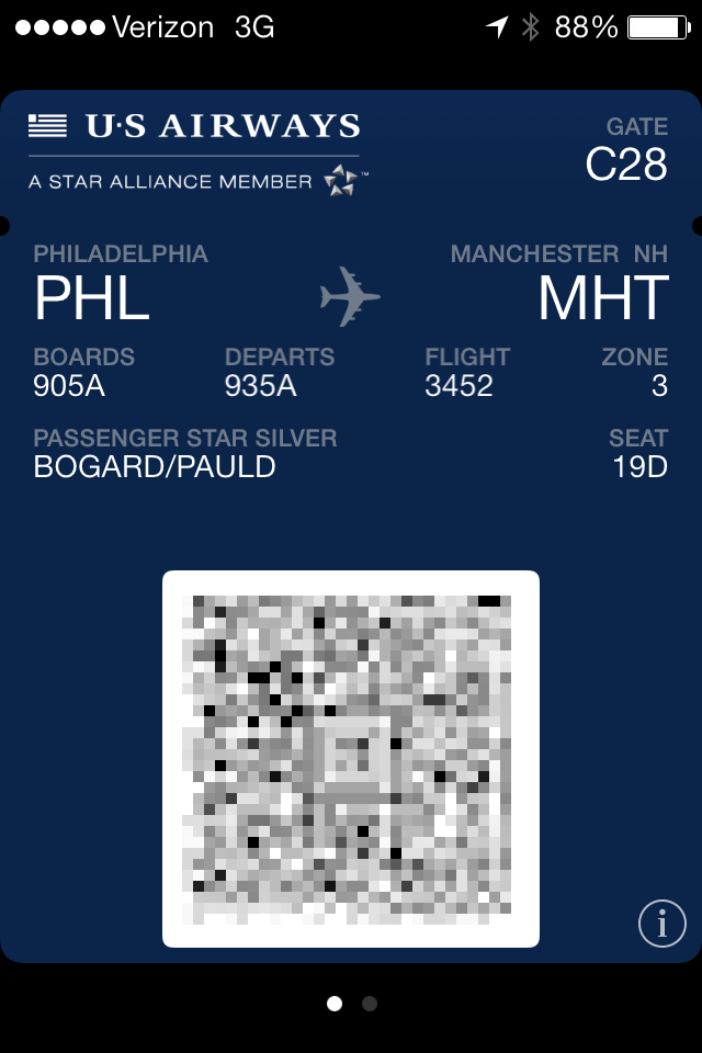 A US Airways digital boarding pass in the iOS Wallet app.