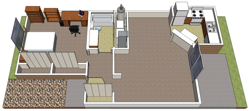 3-D floor plan of a one-bedroom apartment.