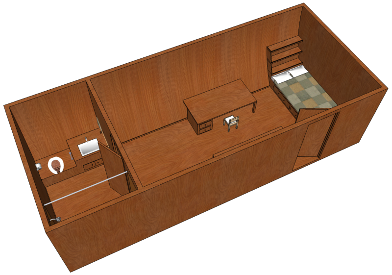 3-D model of a living space within a boat. One wall is prominently vertically curved.