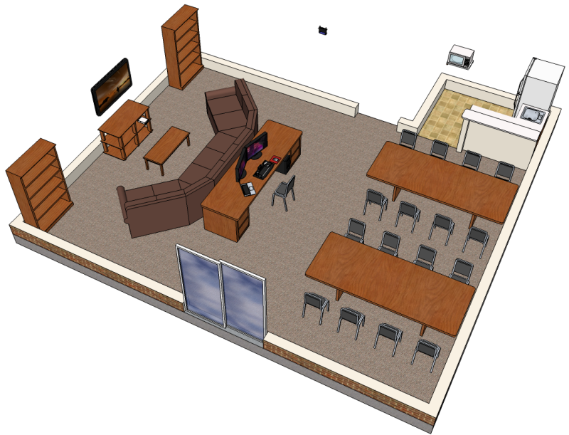 3-D model of an entertainment room with a large sectional couch and a desk facing a television, two tables with seating for eight each, and a kitchenette.