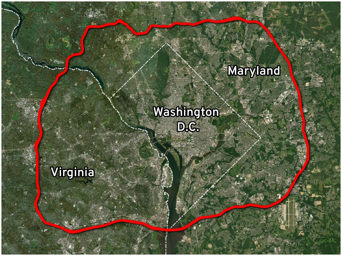 Map showing the Capital Beltway encircling Washington, D.C.