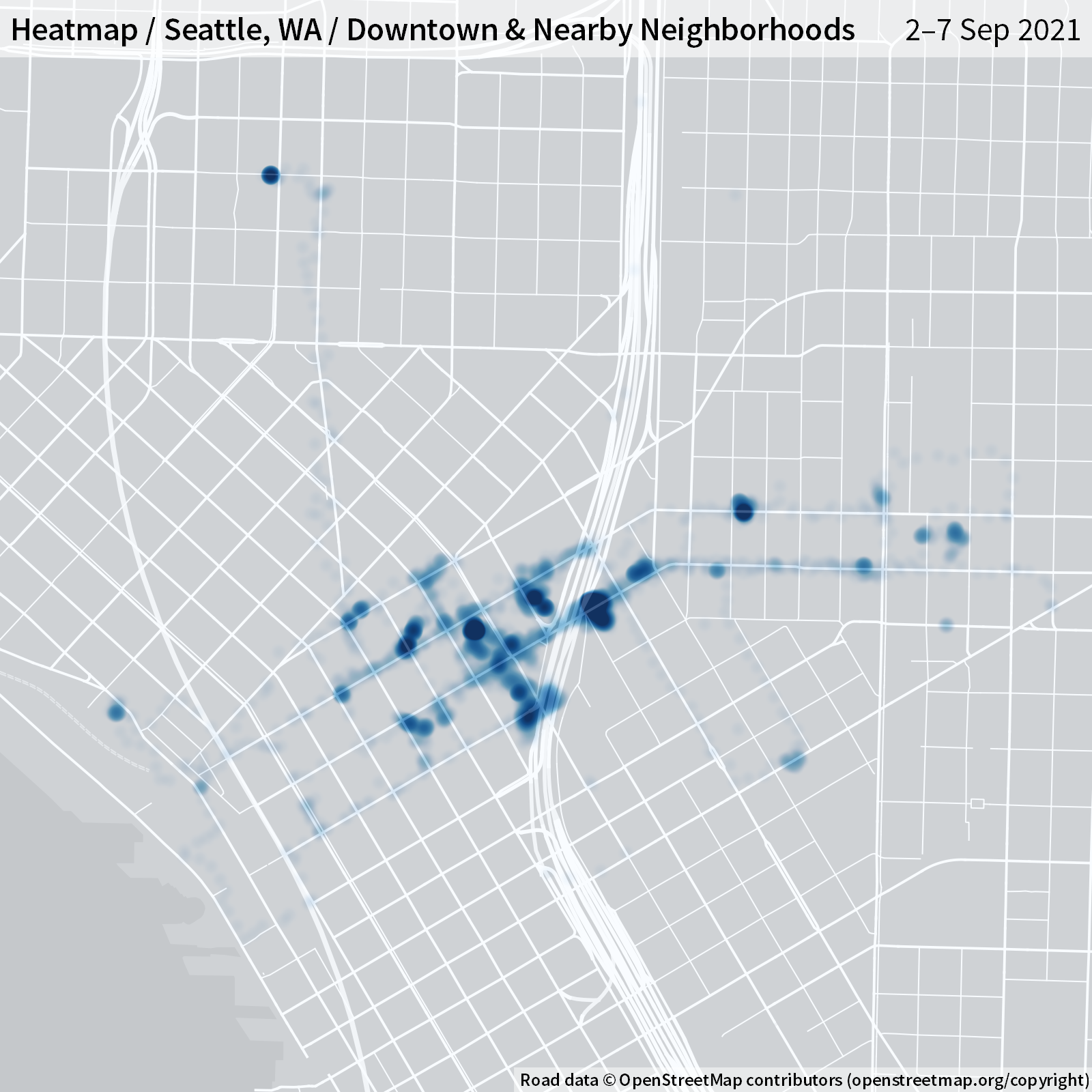 Heatmap of Seattle, Washington's downtown and nearby neighborhoods from 2-7 September 2021.