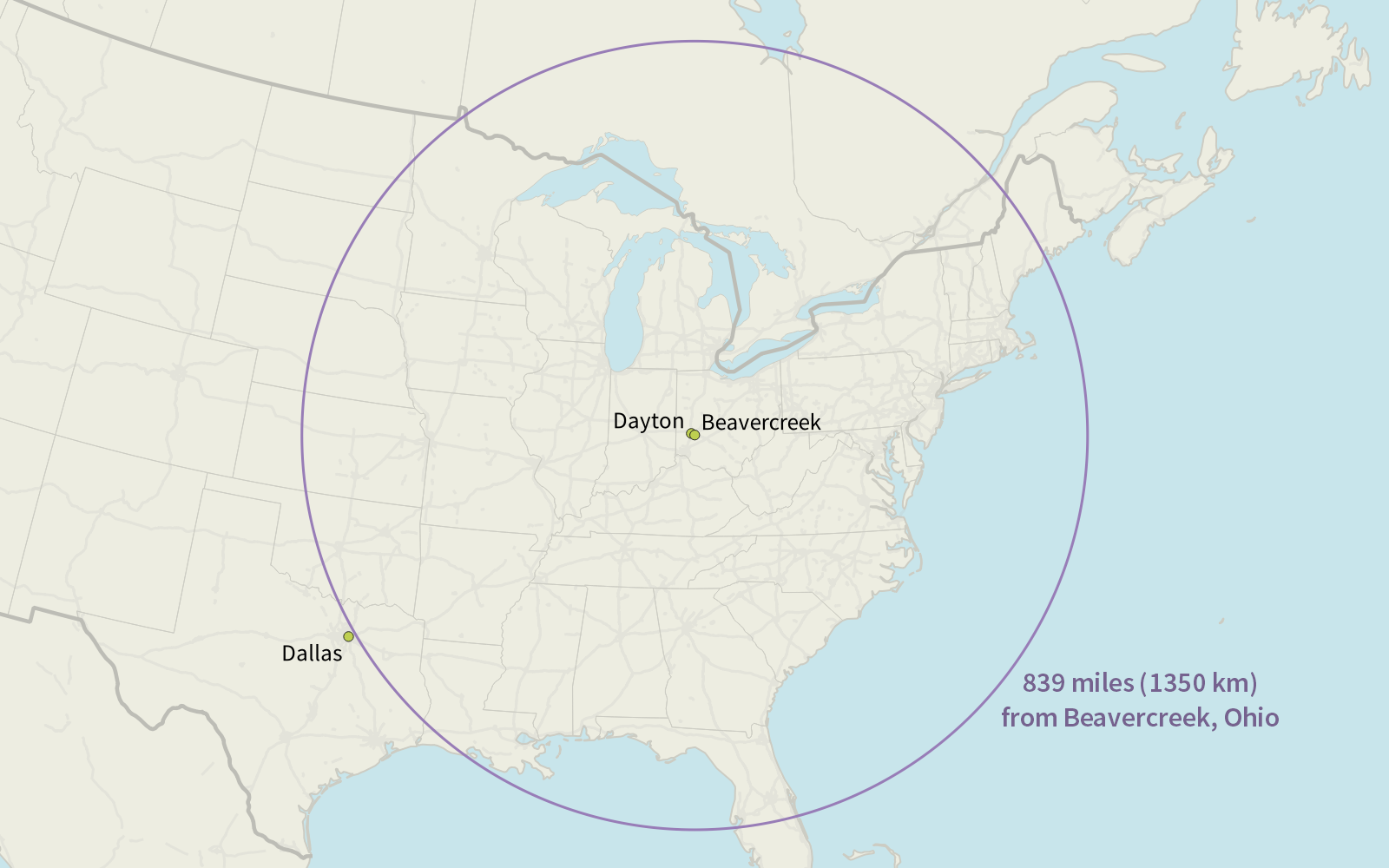 Map of the United states showing an 839 mile radius circle around Beavercreek, Ohio. Dayton OH and Dallas TX are also plotted; Dallas is just outside of the circle.
