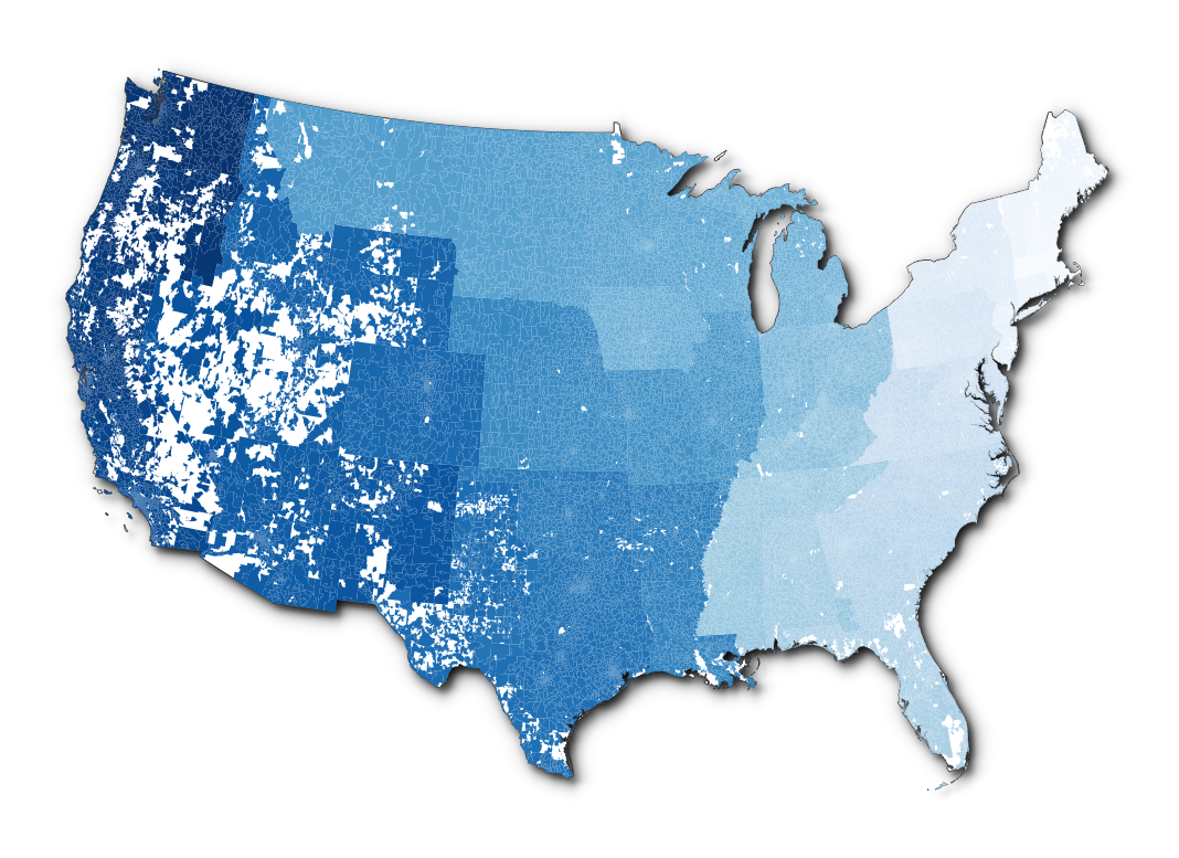A zip code map of the 48 contiguous United States, from light blue lower zip codes to dark blue higher zip codes.