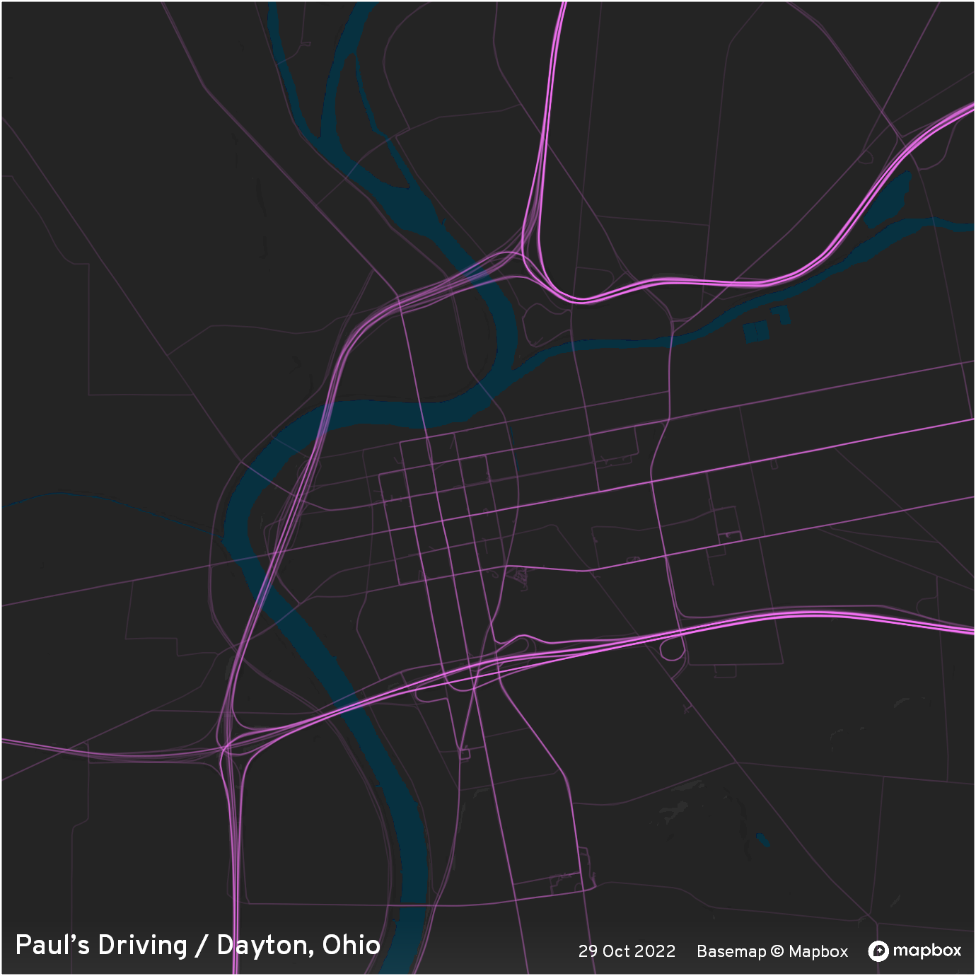 Driving density map of downtown Dayton, Ohio as of 29 Oct 2022.
