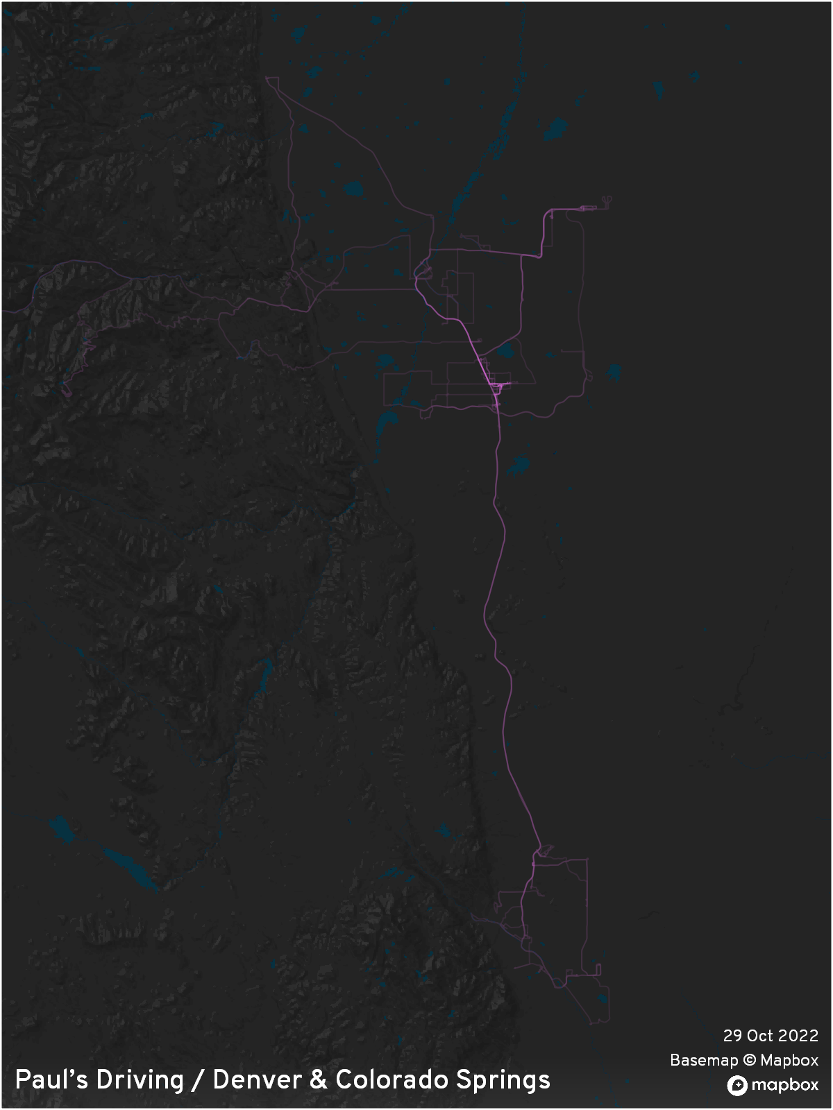 Driving density map of Denver and Colorado Springs, Colorado as of 29 Oct 2022.