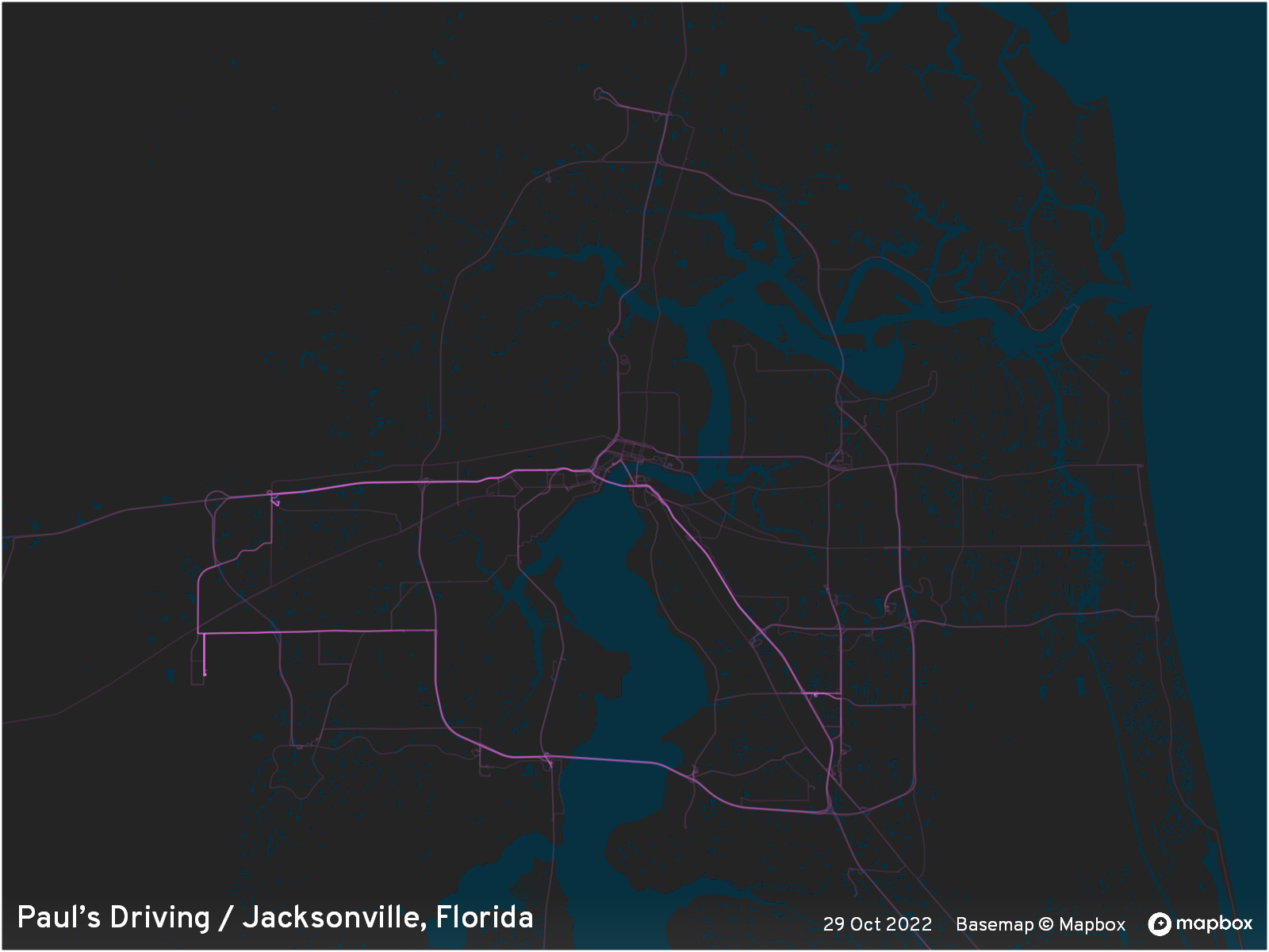 Driving density map of Jacksonville, Florida as of 29 Oct 2022.