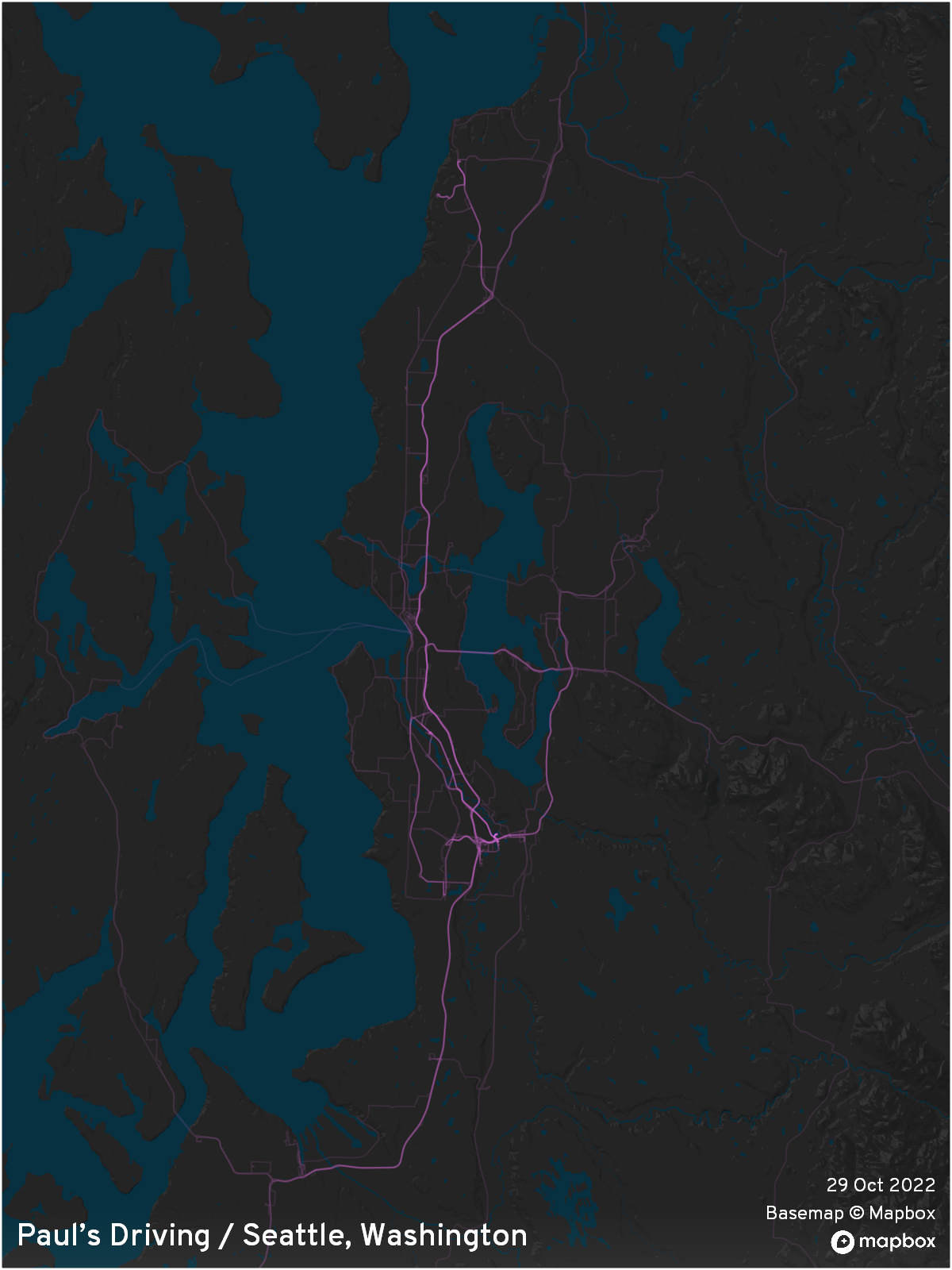 Driving density map of Seattle, Washington as of 29 Oct 2022.