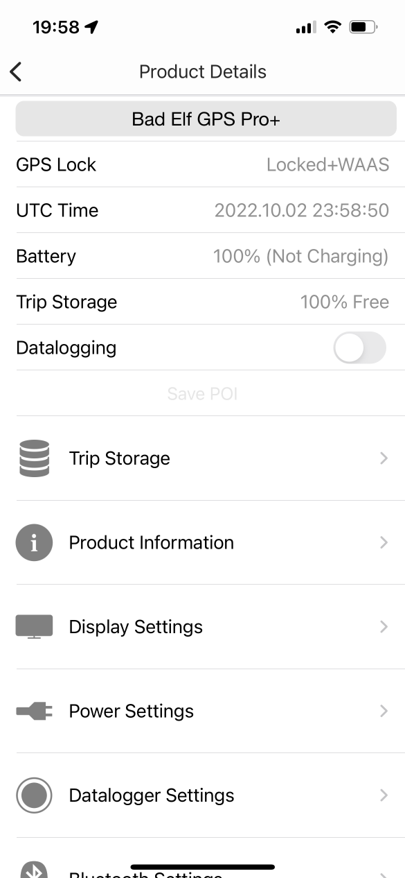 Bad Elf GPS app device settings screen.