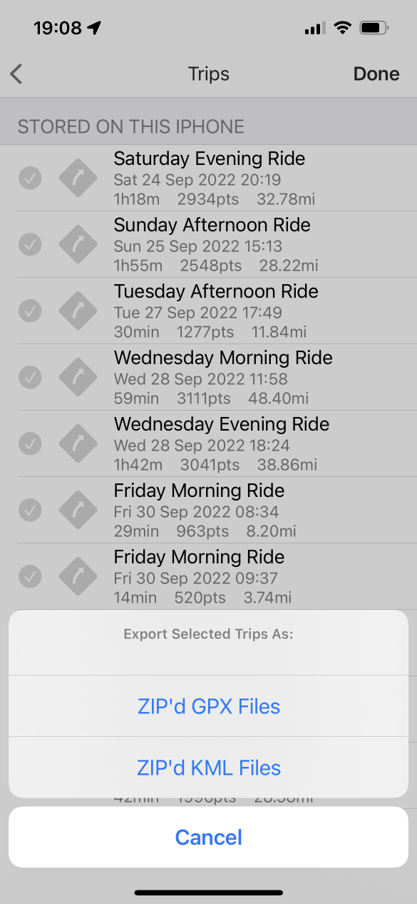 Bad Elf GPS app share screen, showing the option to share GPX or KML files.