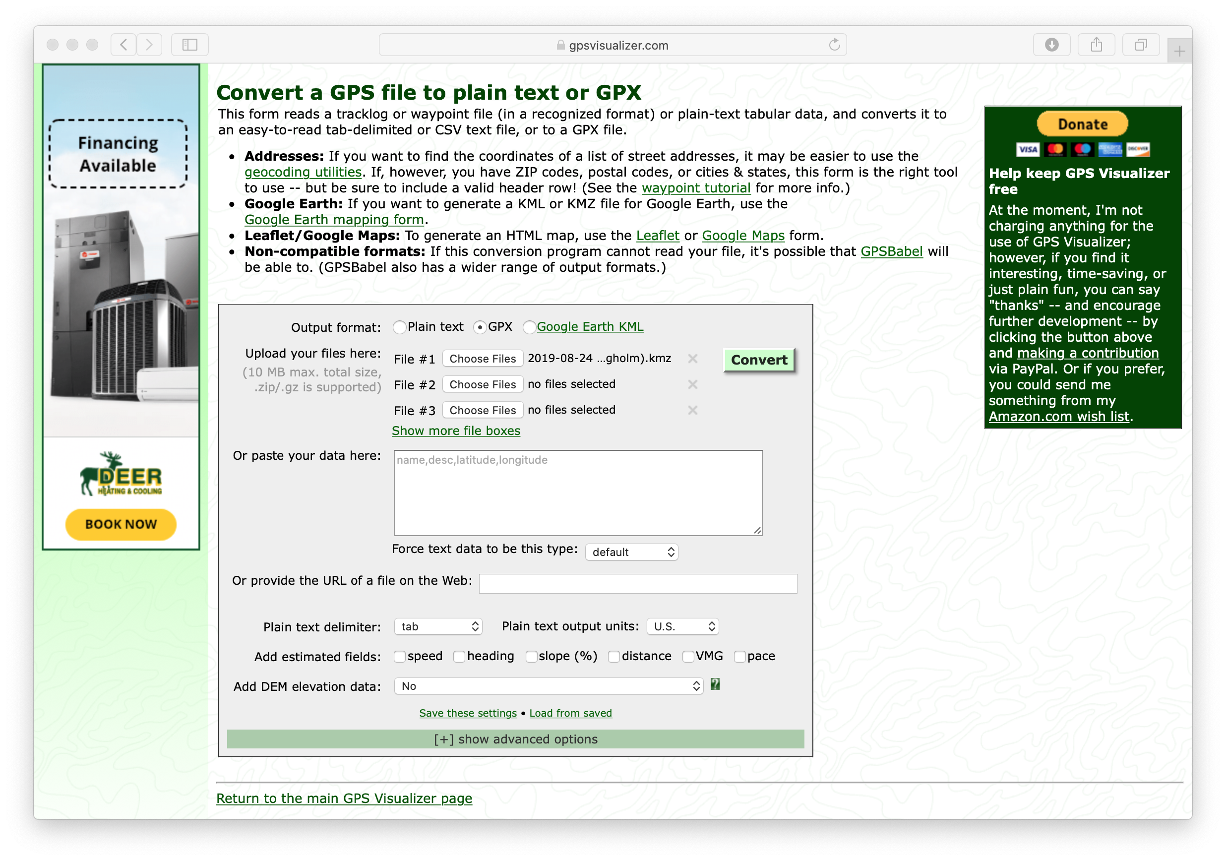 GPX input page on GPS Visualizer.