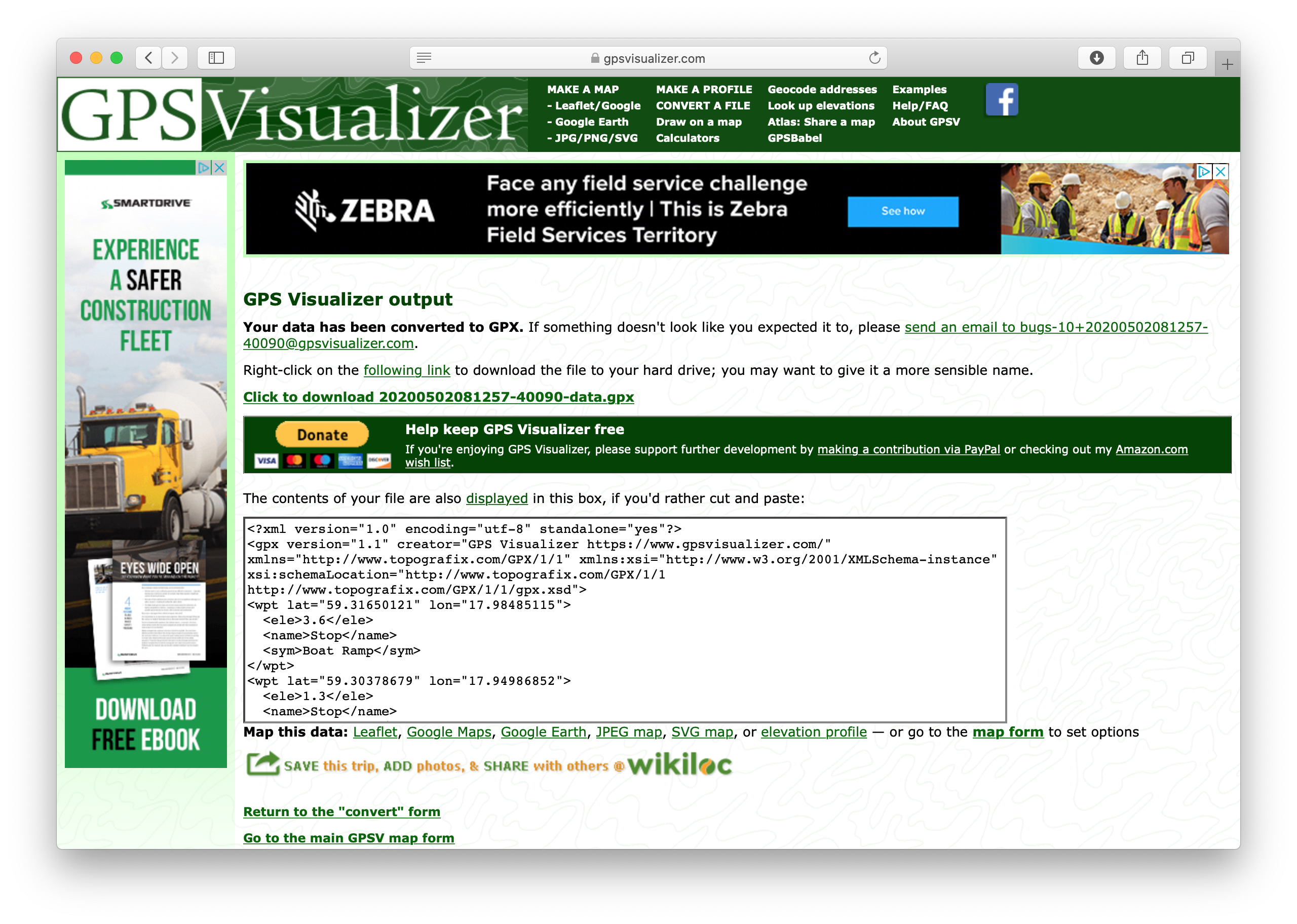 GPX output page on GPS Visualizer.