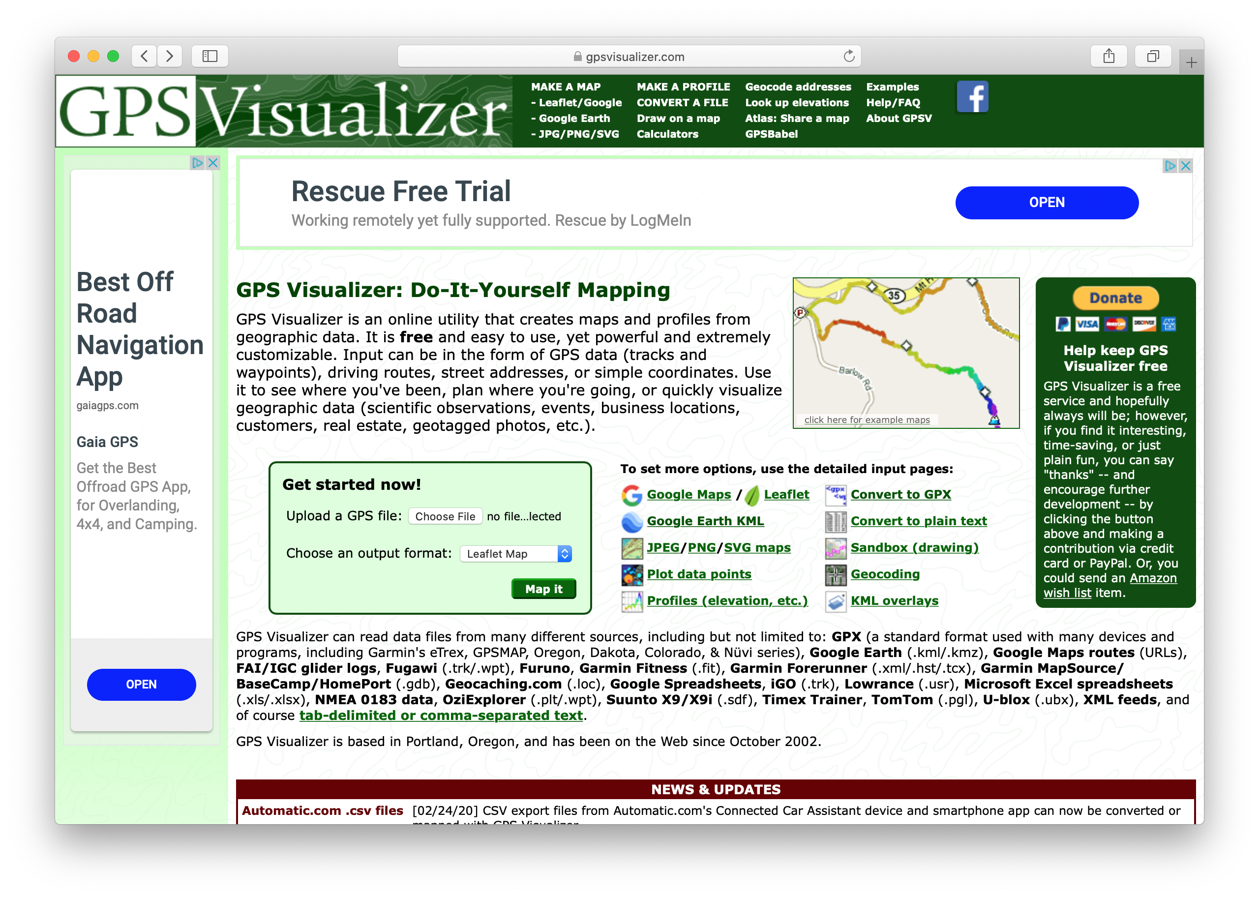 Home page on GPS Visualizer.