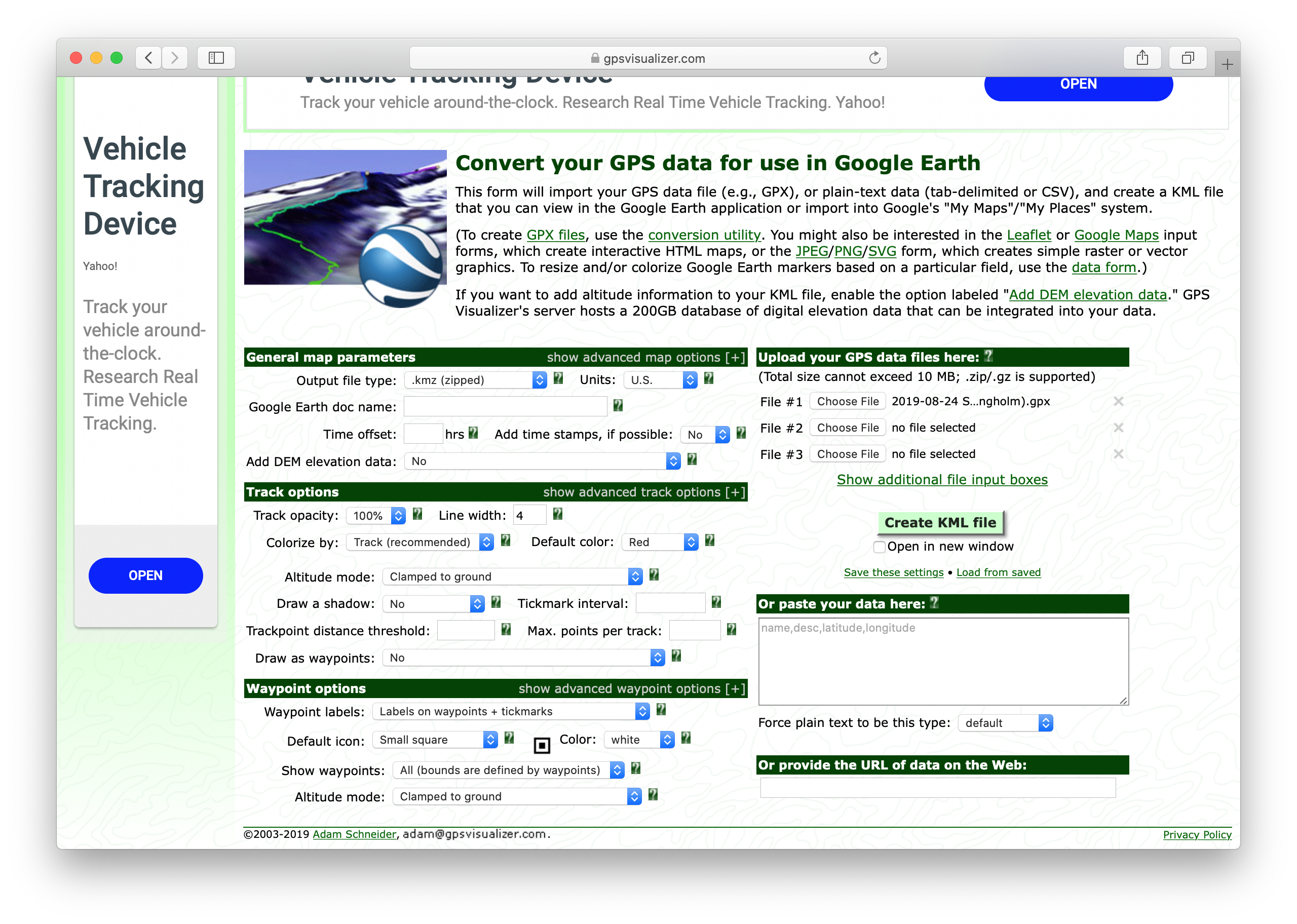 KML input page on GPS Visualizer.