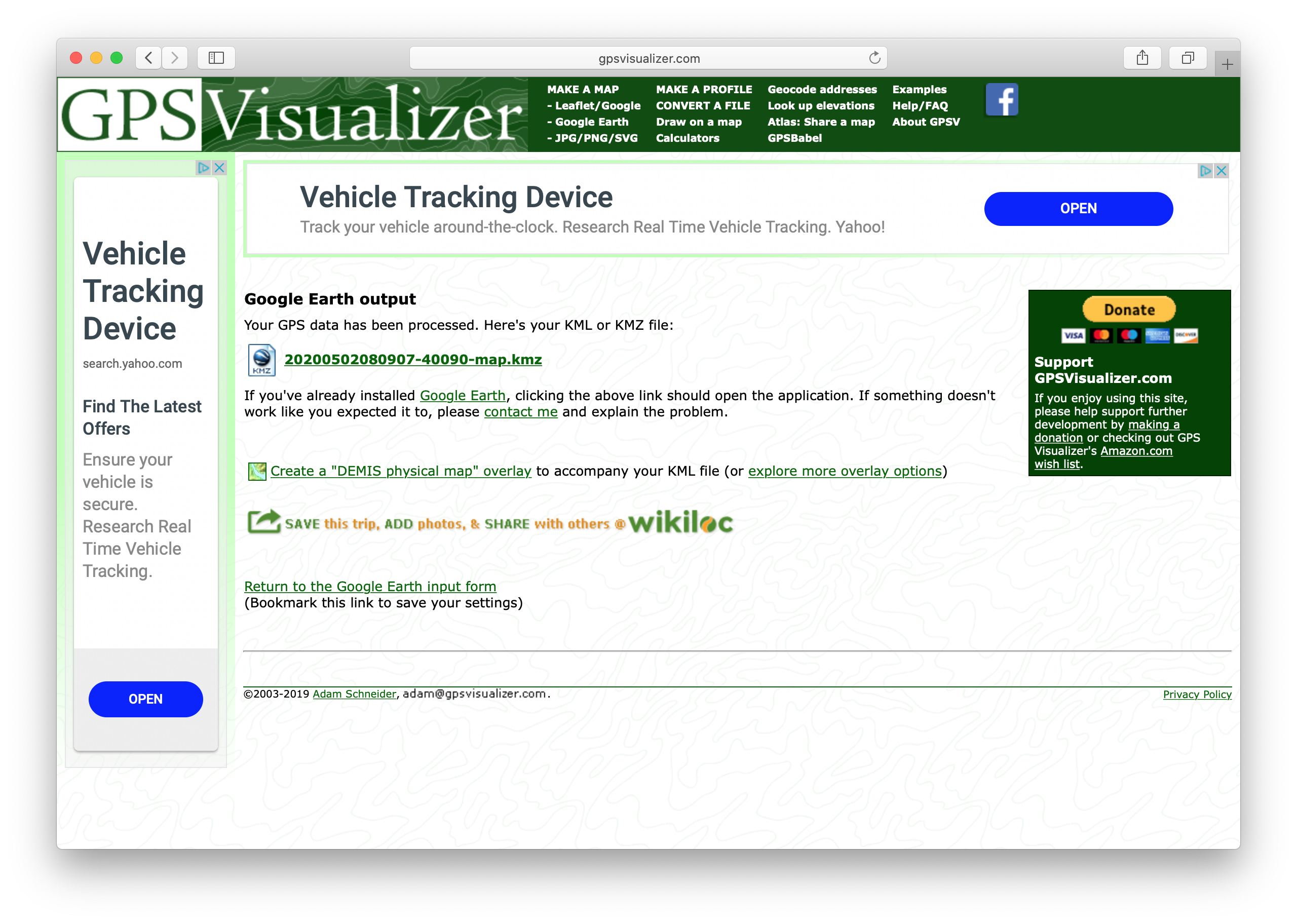 KML output page on GPS Visualizer.