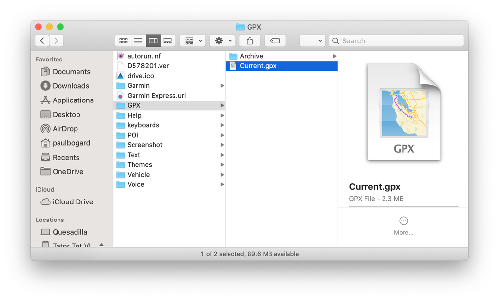 Screenshot of the GARMIN/GPX folder, with Current.gpx highlighted.