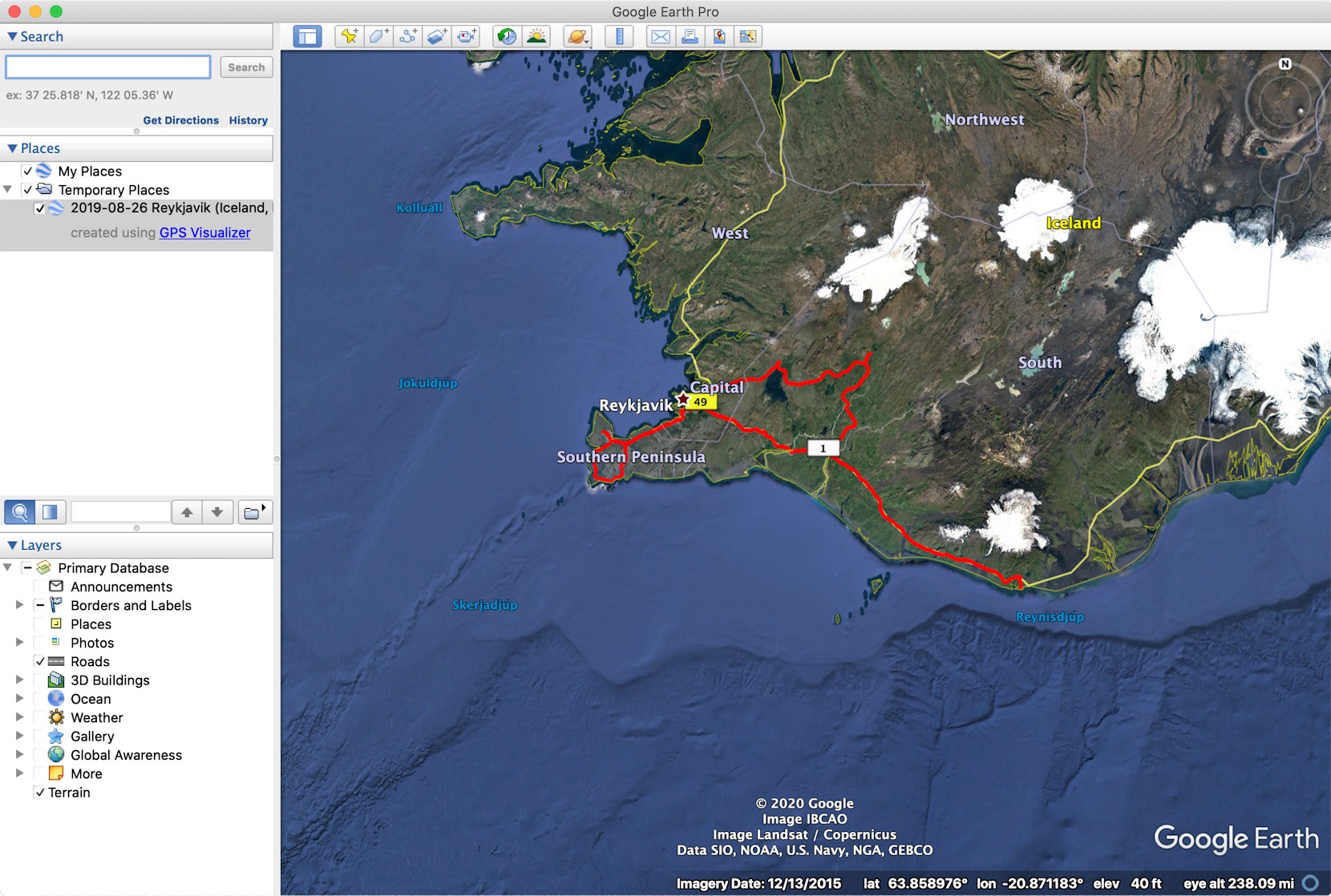 Google Earth Pro, showing a driving track in southwest Iceland.