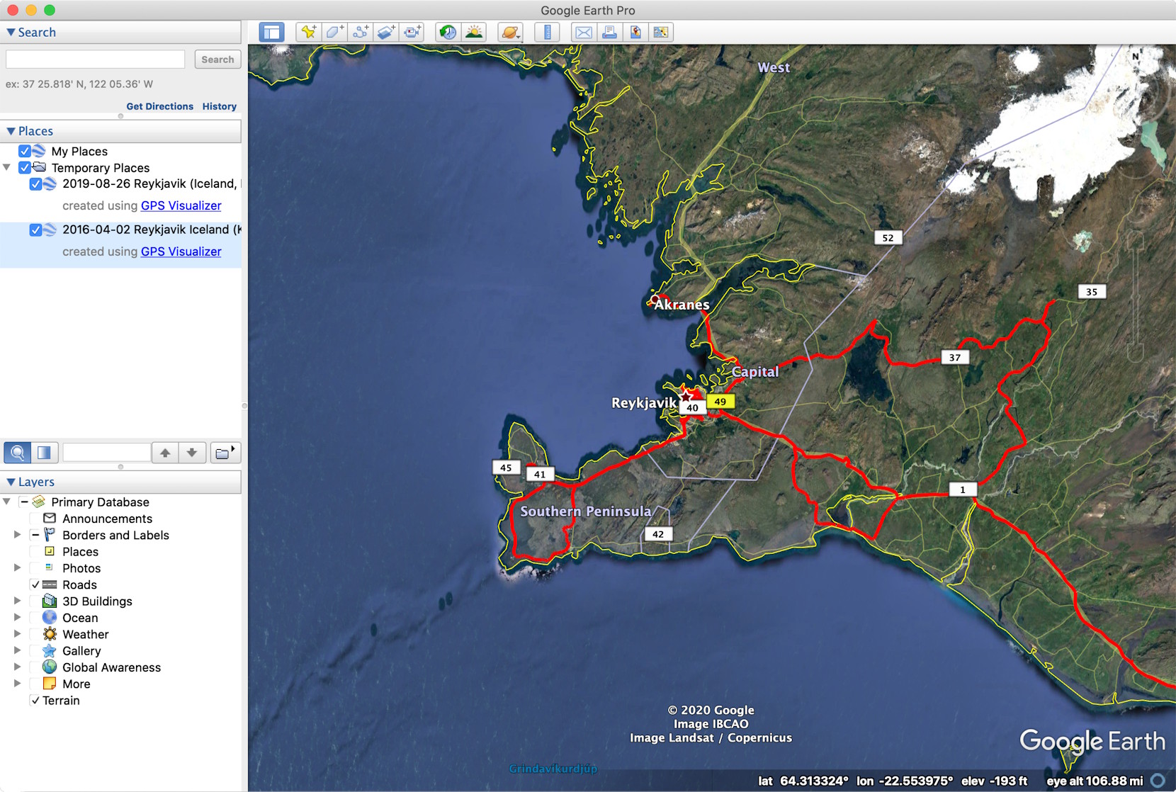 Google Earth Pro, showing two driving tracks in southwest Iceland.