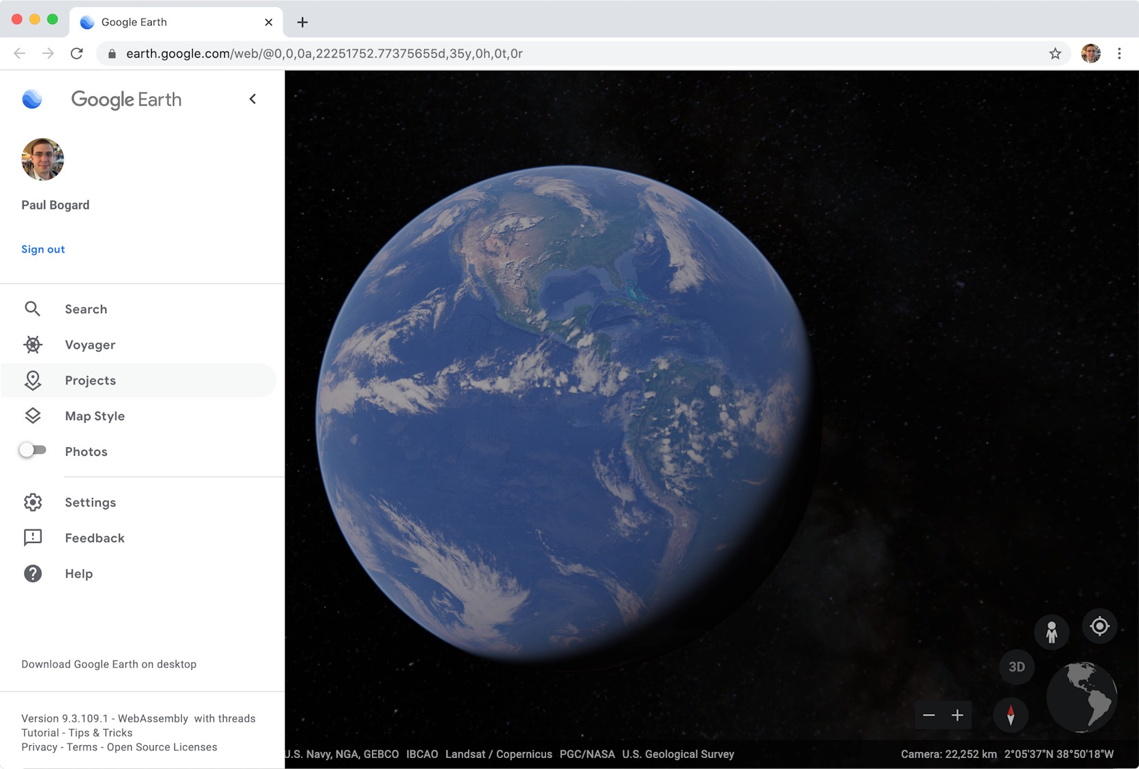Google Earth Web sidebar menu.