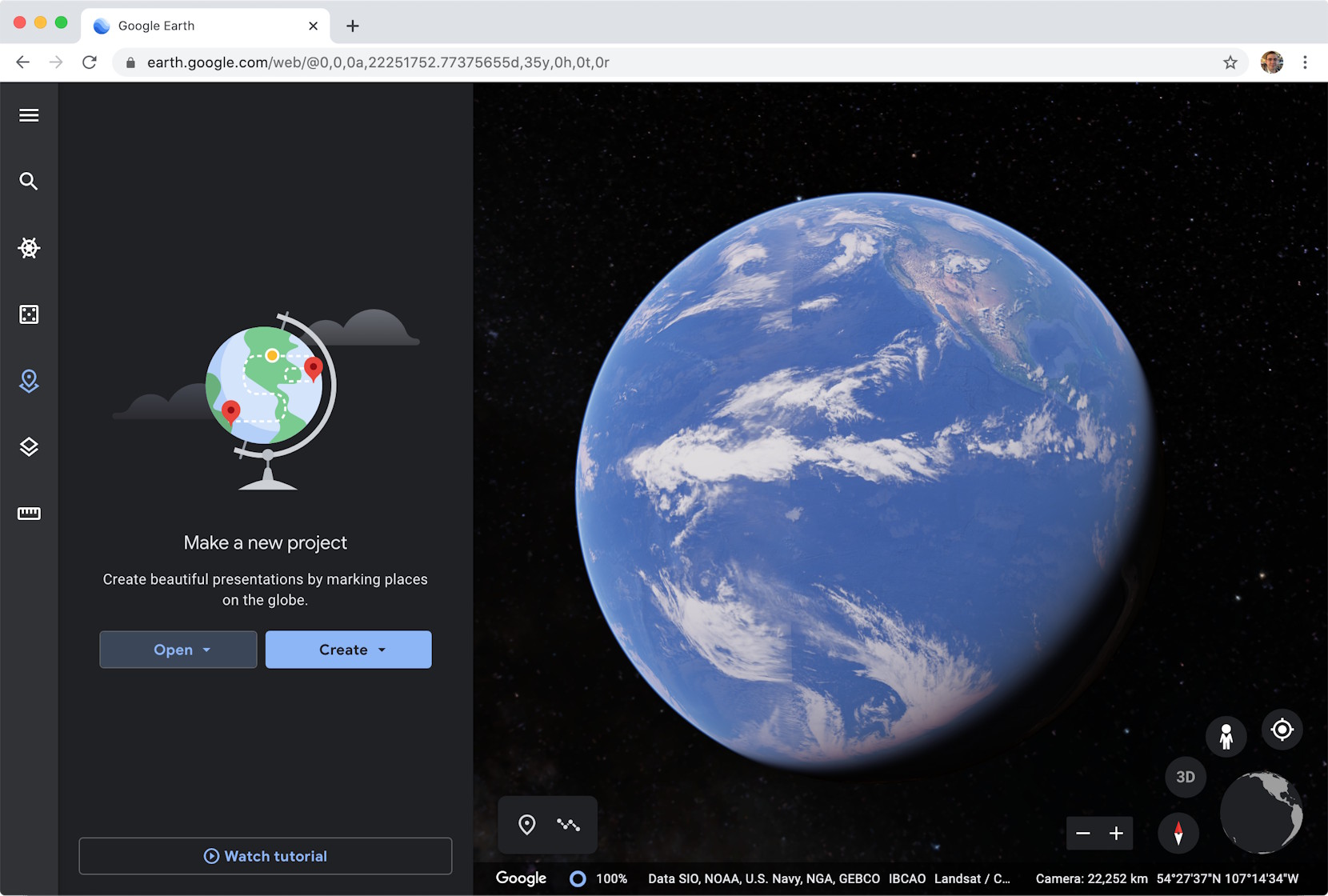 Google Earth Web Projects menu.