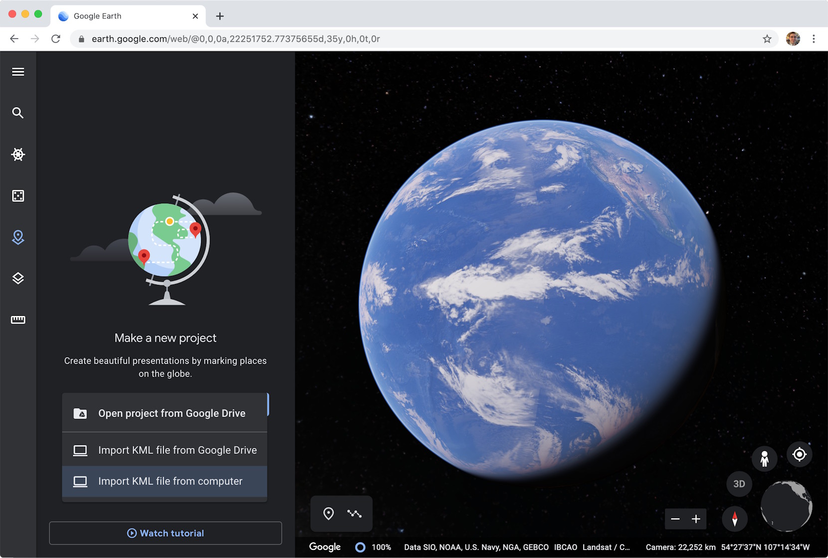 Google Earth Web Open Project menu.