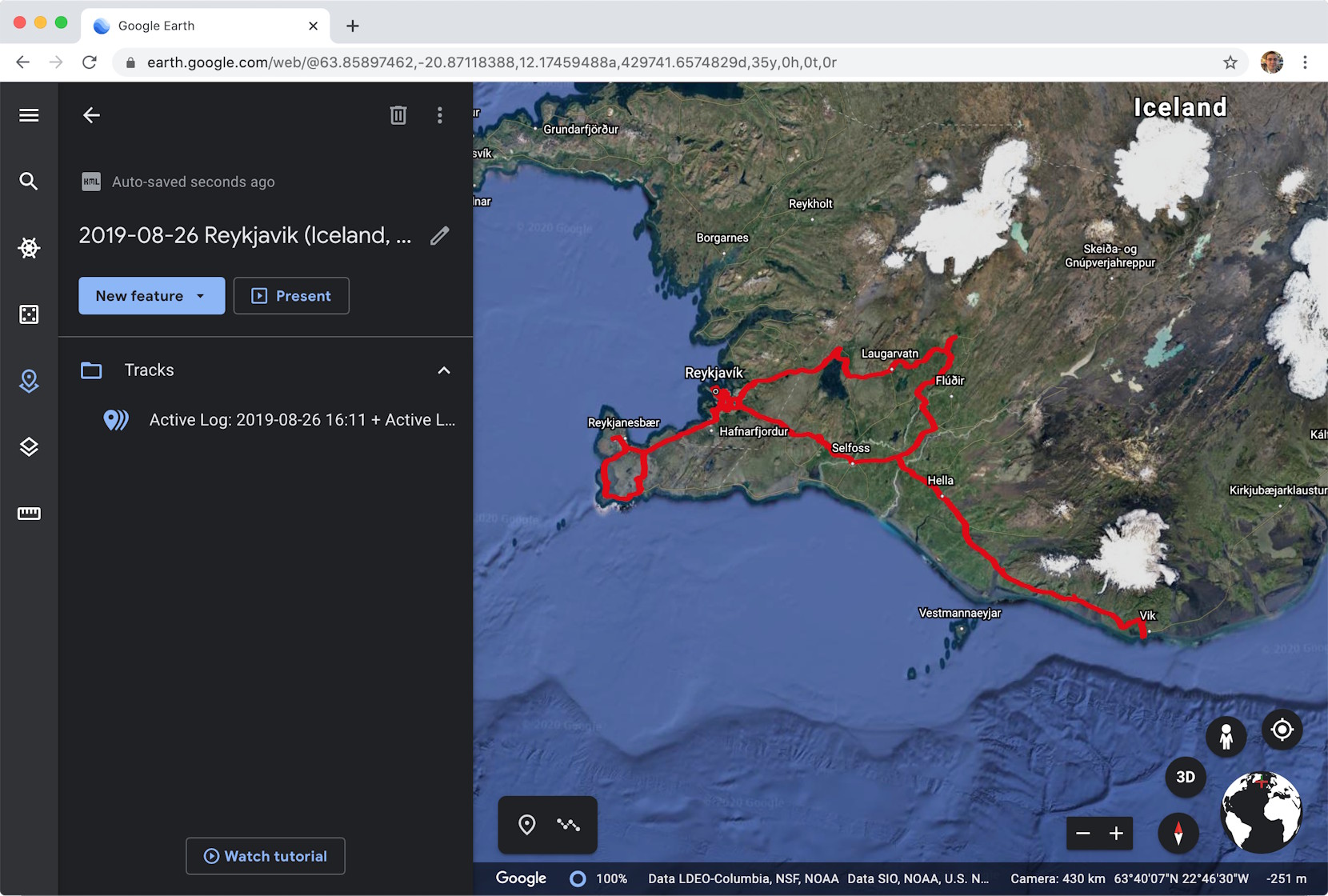 Google Earth Web, showing a driving track in southwest Iceland.