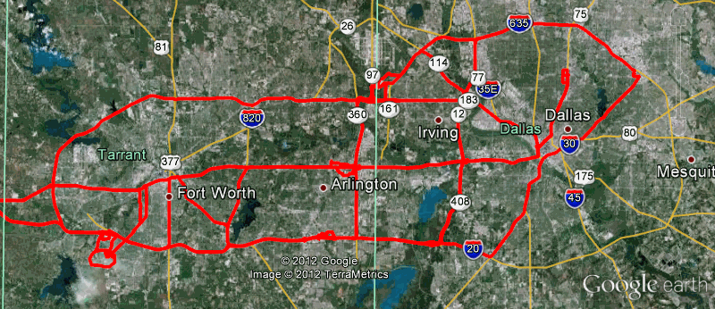 Screenshot of Google Earth showing driving in the Dallas-Fort Worth metro area.