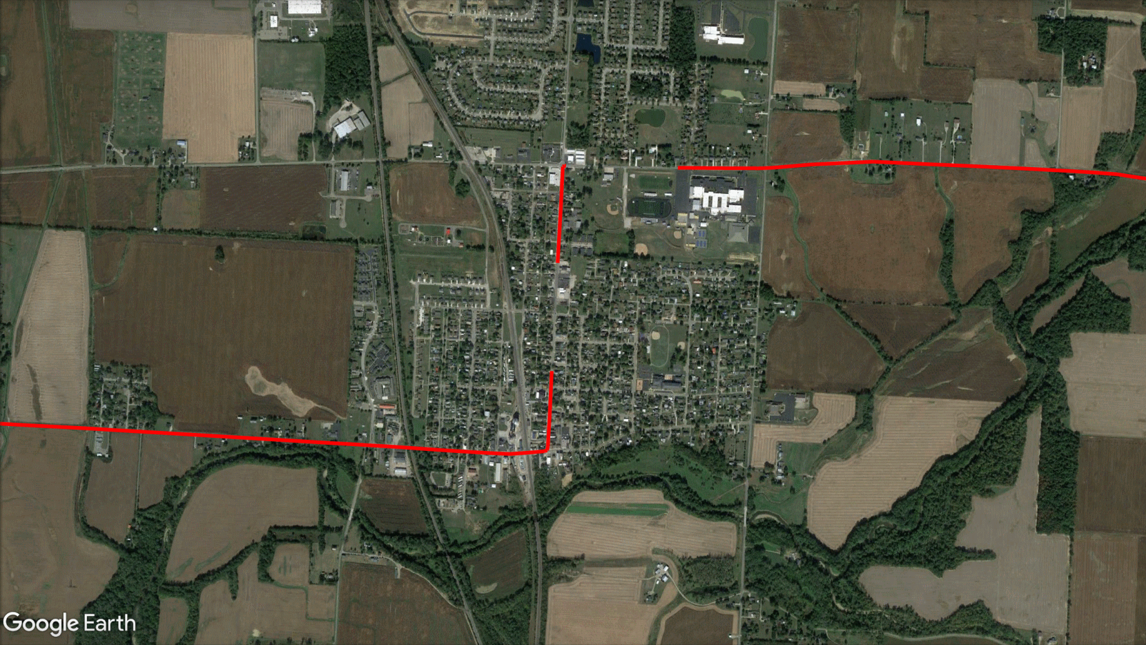 A Google Earth map, showing a driving log line with two visible gaps in it.