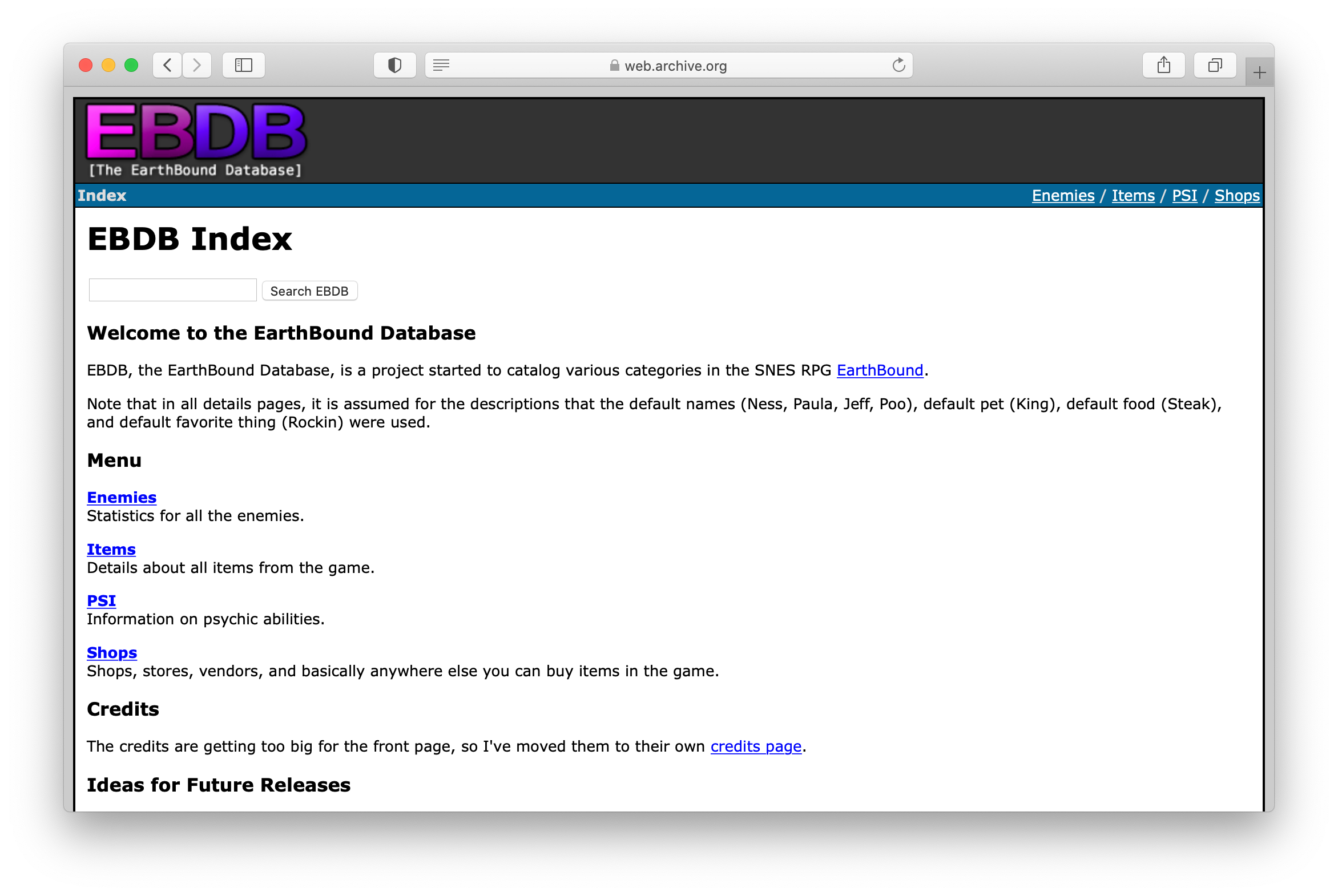 EBDB index page from 2006, as seen on archive.org.