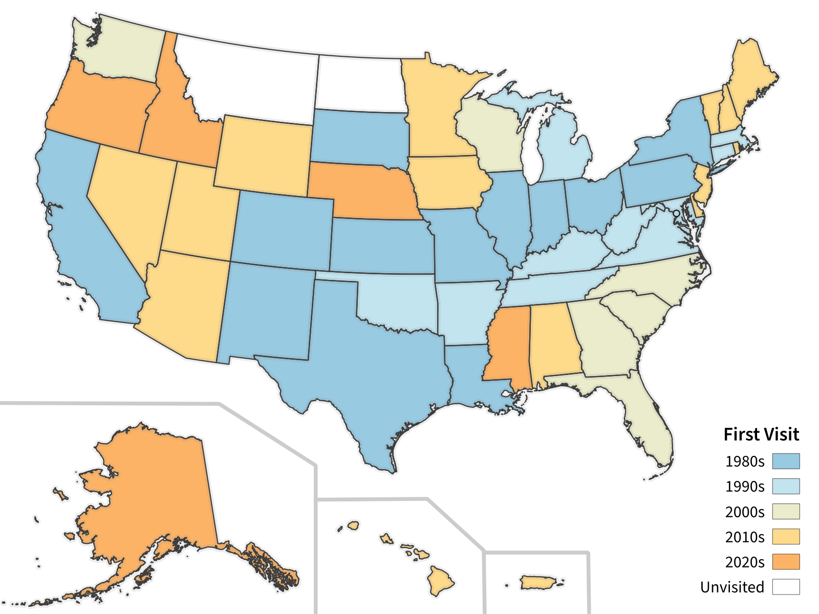 A map of the 50 United States, plus D.C. and Puerto Rico, colored by decade of first visit. The map shows the data from the table below.