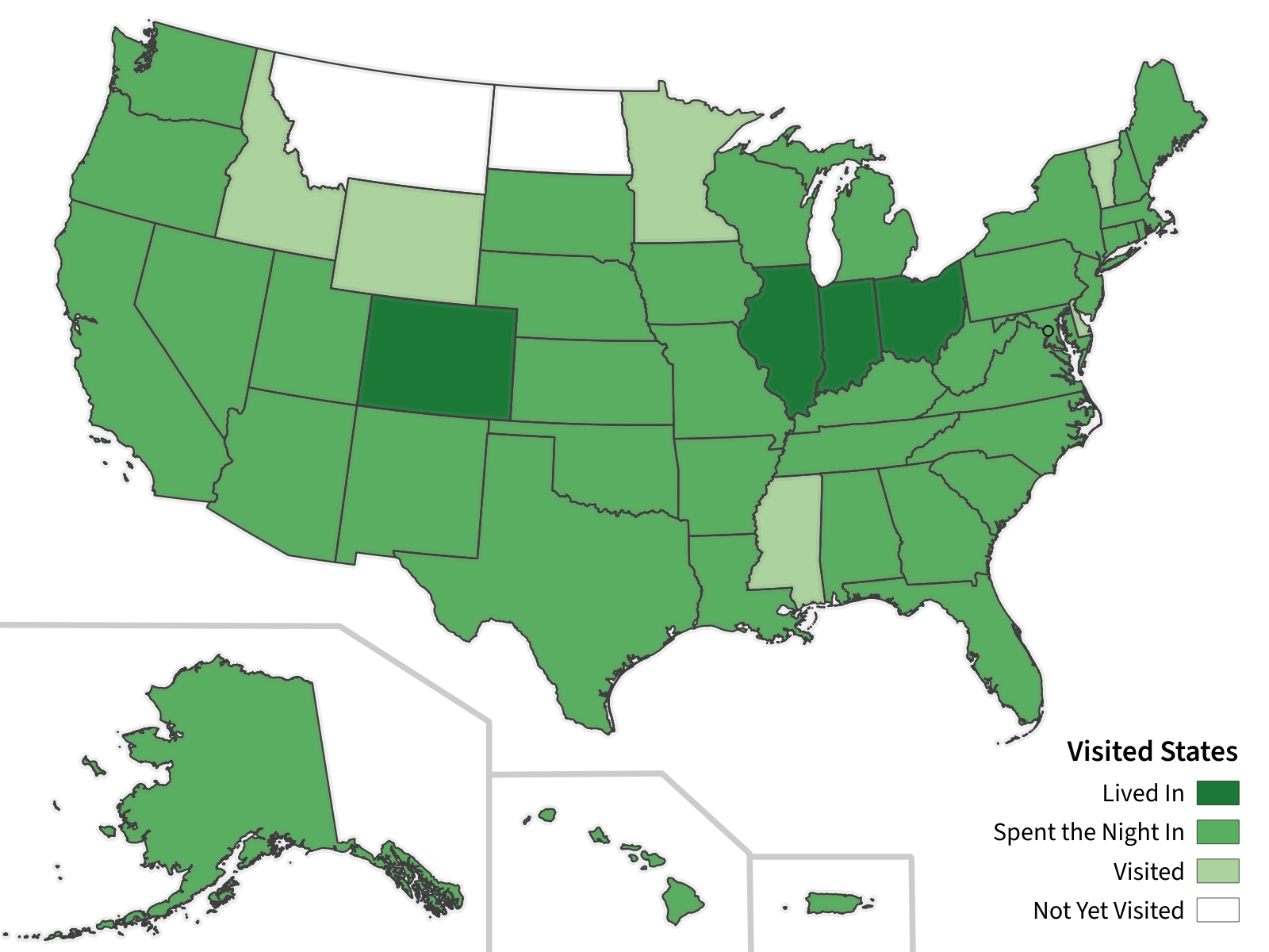 A map of the 50 United States, plus D.C. and Puerto Rico, showing lived in, overnight, visited and unvisited states. The map shows the data from the table below.