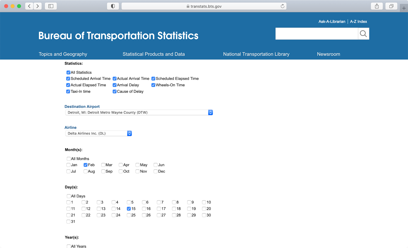 Detailed arrivals statistics search form on the BTS website.
