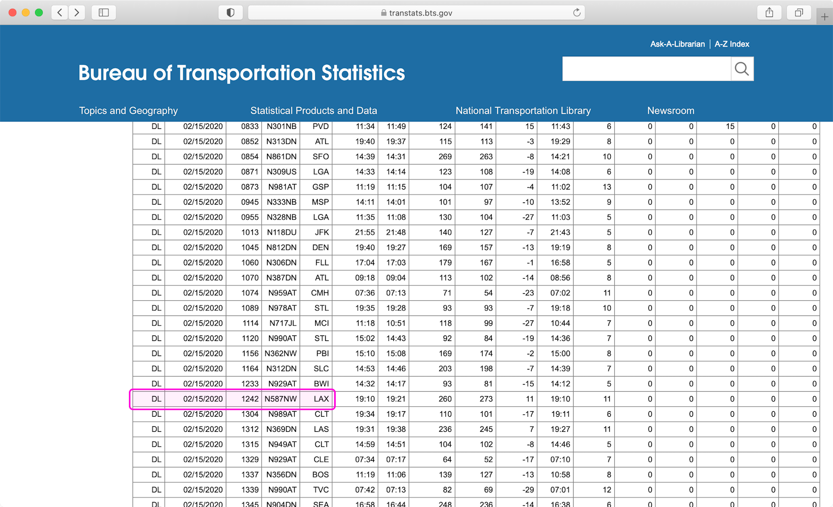Detailed arrivals statistics search results. A row showing flight DL1242 on 15 February 2020 from LAX with tail number N587NW is highlighted in magenta.