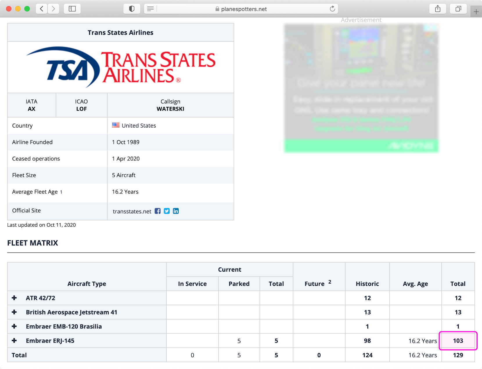 Planespotters.net fleet details page for Trans States Airlines. The cell at the intersection of the Embraer ERJ-145 row and the Total column is highlighted in magenta.