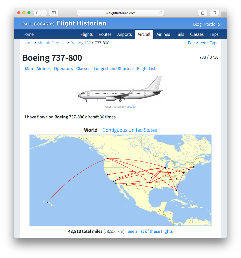 Flight details for all of Paul's Boeing 737-800 flights.