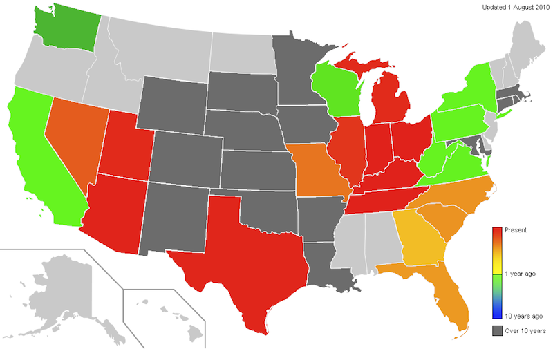 Map of the United States, with each state colored by how recently I've visited as of 1 August 2010.