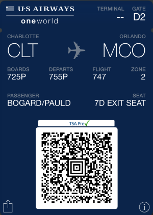 A US Airways digital boarding pass in the iOS Wallet app.