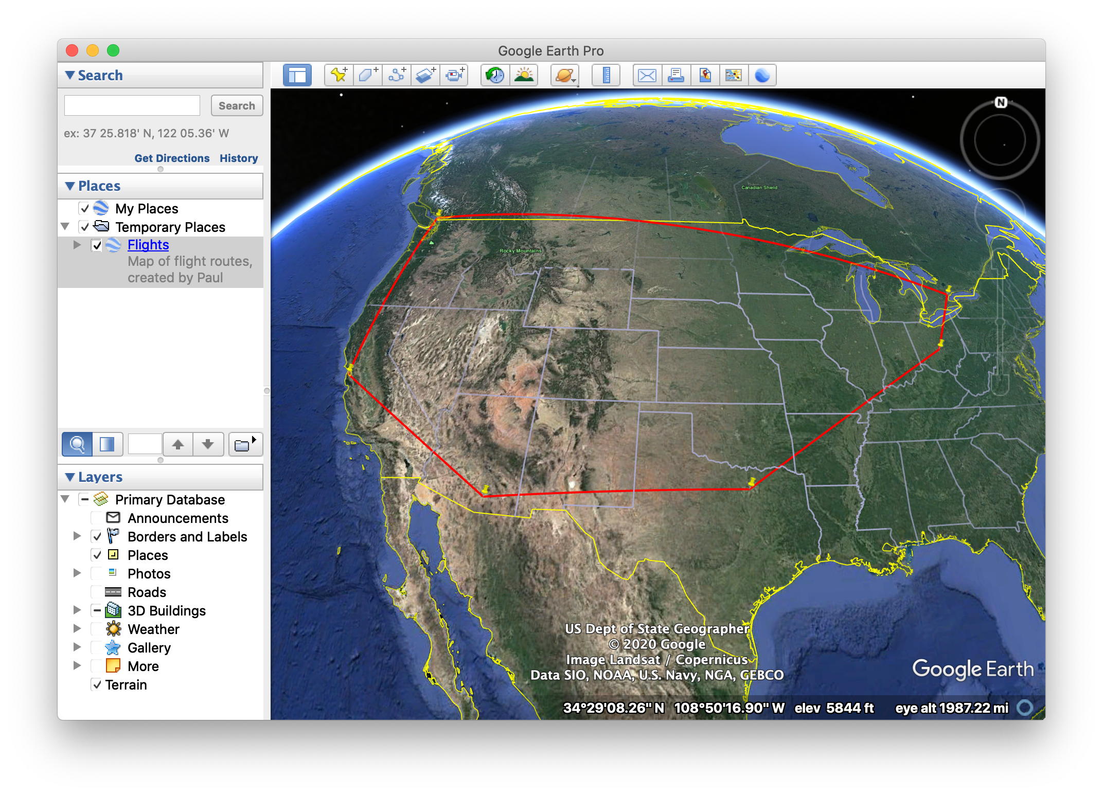 Google Earth, showing a trip from CMH-DFW-TUS-SFO-YVR-YYZ-CMH.