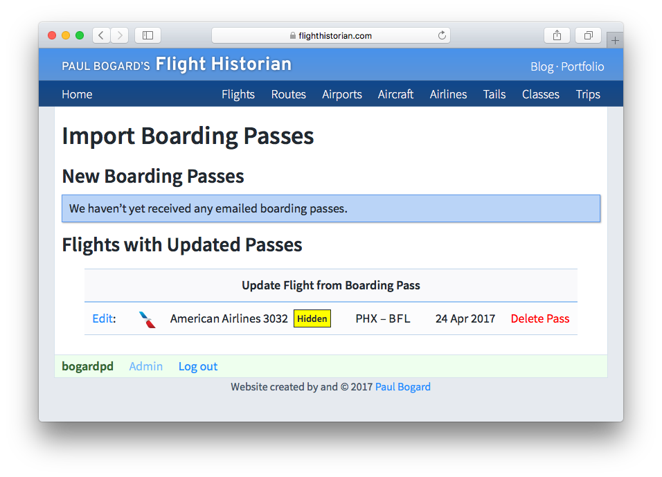 A list of flights with updated passes on Flight Historian, each with a link to edit that flight.
