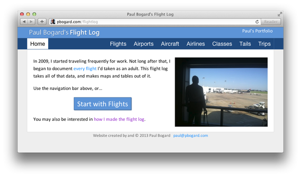 The homepage of Paul Bogard's Flight Log.