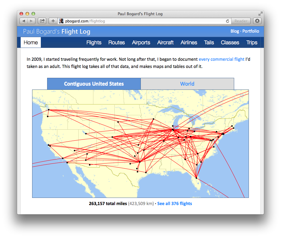 A map of Paul's flights, labeled with a distance of 263157 miles (423509 km).