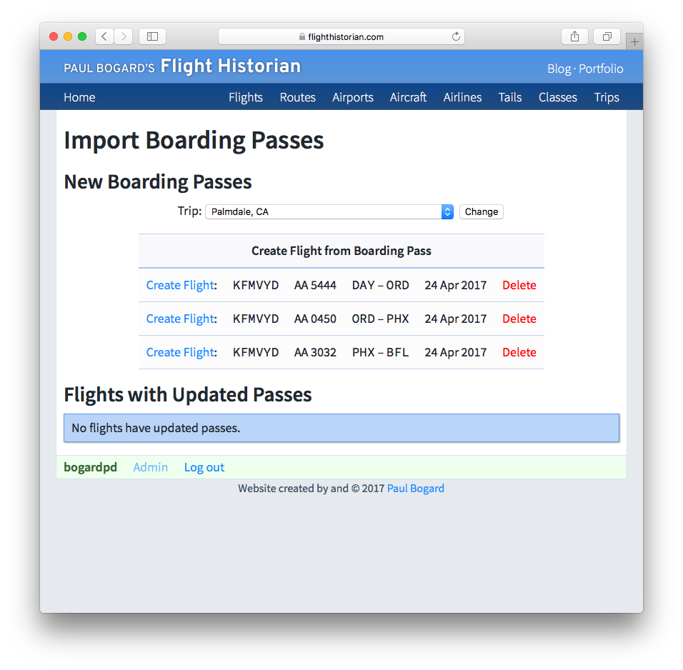 The import boarding passes page on Flight Historian.