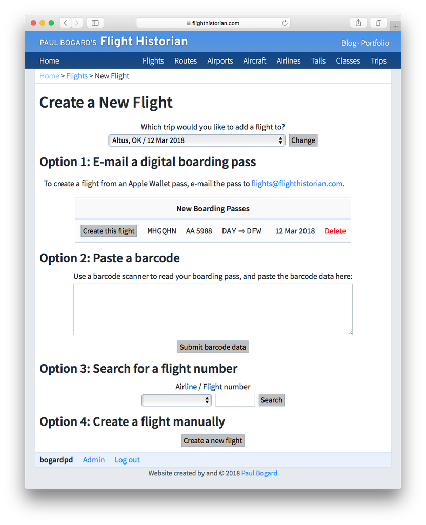 New Flight menu on Flight Historian, showing options for emailing a digital boarding pass, pasting a barcode, searching for a flight number, or creating a flight manually.