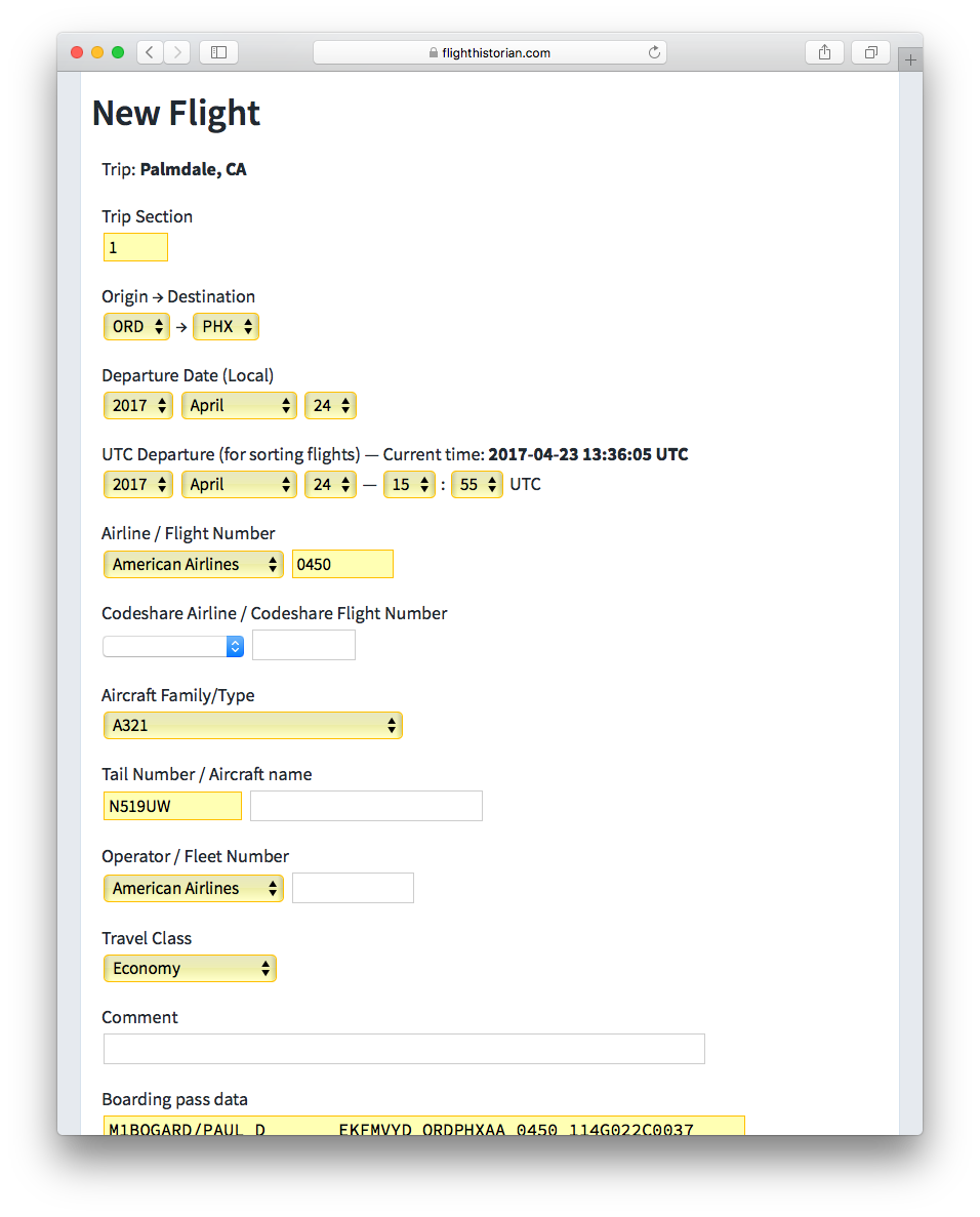 The new flight form on Flight Historian, prepopulated with data from a digital boarding pass.