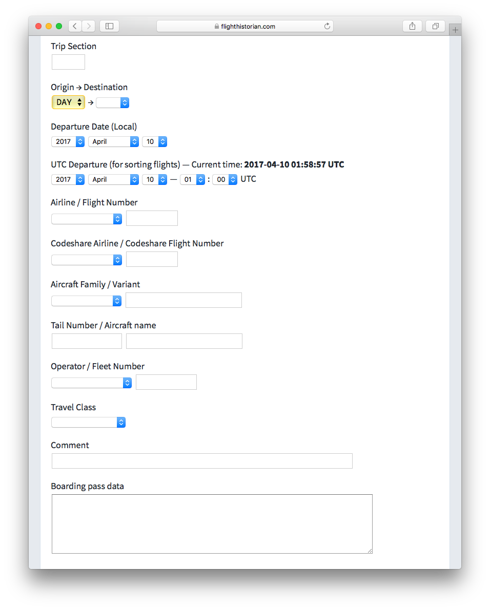 The new flight form on Flight Historian.