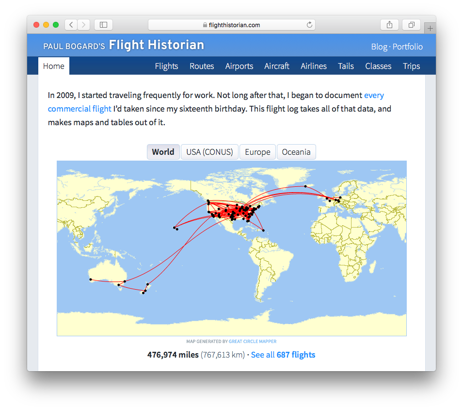 Home page of Flight Historian, showing the new map region tabs.