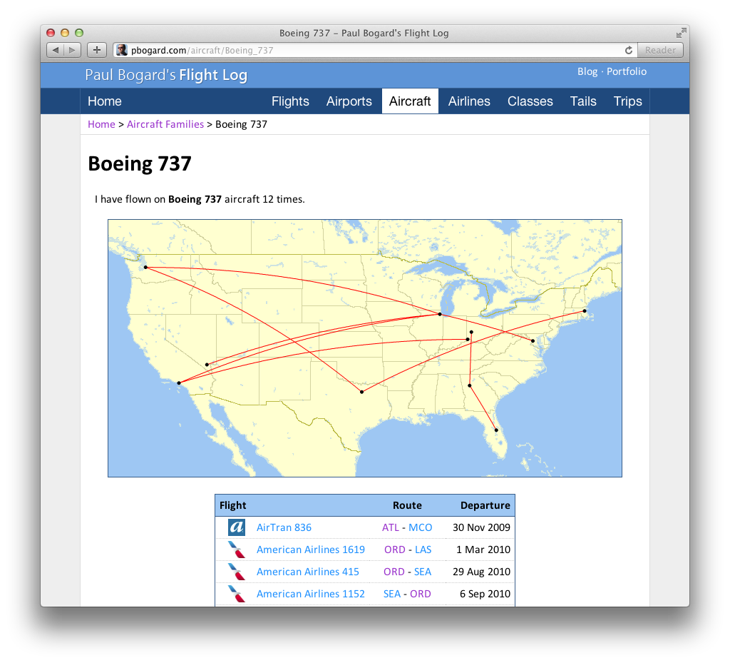 A map and table of Paul's flights on Boeing 737 aircraft.