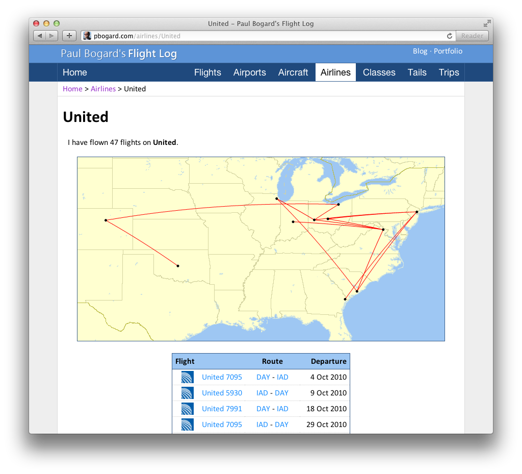 A map and table of Paul's flights on United Airlines.
